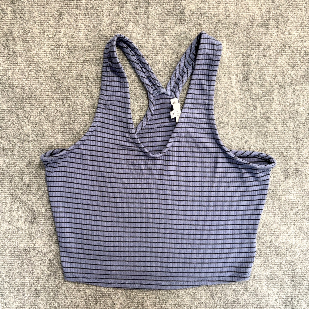 Iris Blue Ribbed Crop Tank Top Women's M Striped Racerback Stretch Casual
